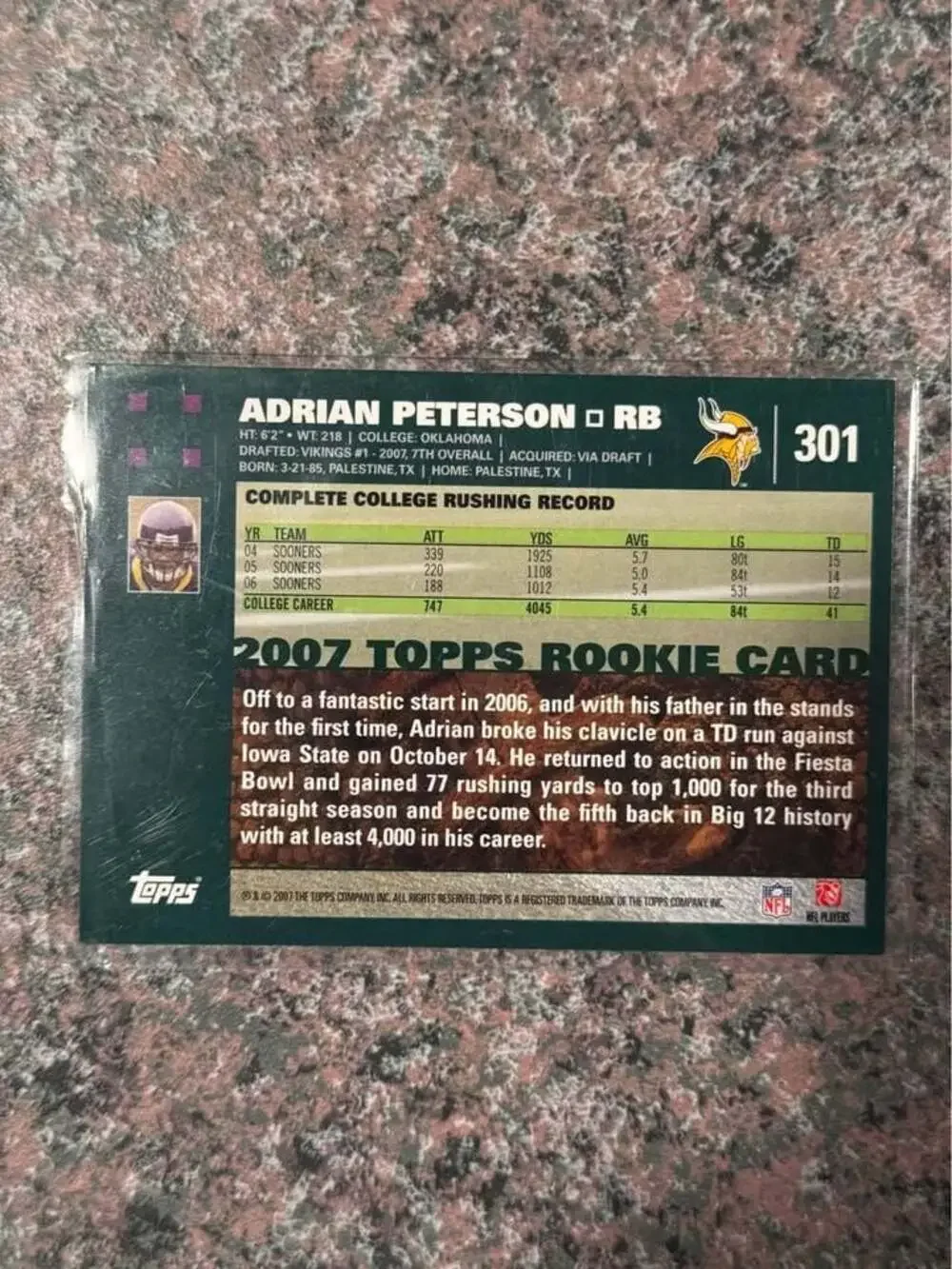 🔥 2007 Topps Adrian Peterson ROOKIE Card Vikings #301